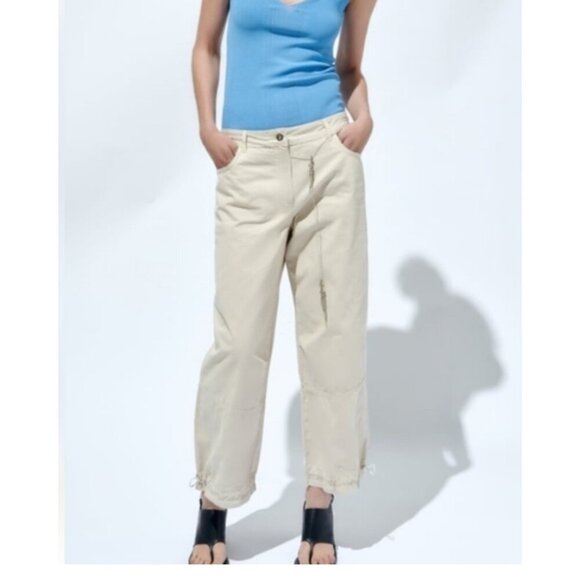 Zara Parachute Pants Light tan baggy cropped barrel sz 0 - Picture 1 of 12